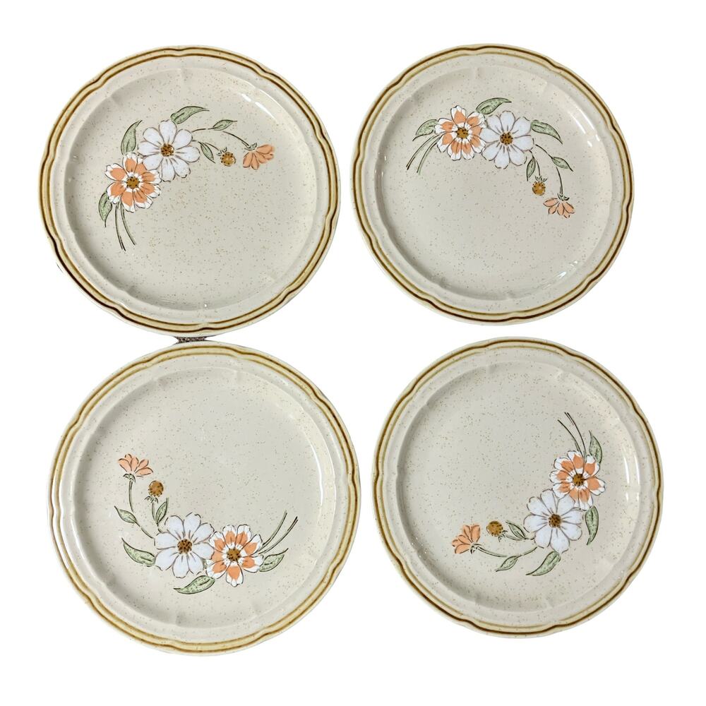 4 Dessert Plate Set 6.75" Vitrified Stone Japan Crown Manor Springtime Daisy VTG